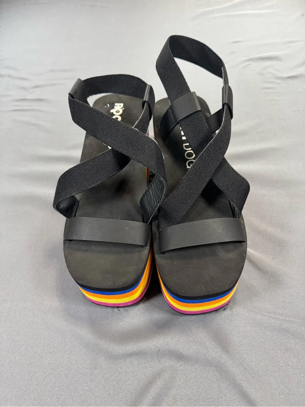 Rocket Dog Black Strappy Platform Sandals with Rainbow Stripes